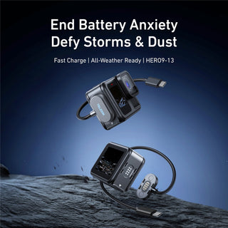 Product with text 'End Battery Anxiety, Defy Storms & Dust' on a dark background