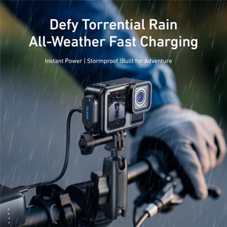 Action camera on a handlebar with text about all-weather fast charging in the rain.
