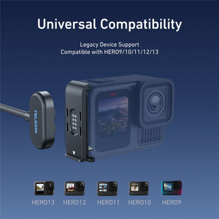 Camera device with compatibility text and icons on a blue background