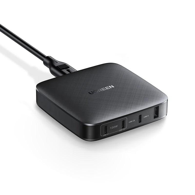 Ugreen 100W USB C Desktop Fast Charger 4-Port GaN Power Adapter - product main black front angled view - b.savvi