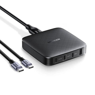 Ugreen 100W USB C Desktop Fast Charger 4-Port GaN Power Adapter - product variant black front angled view charger and cable - b.savvi