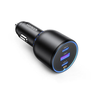 Ugreen 130W Car Charger USB C 3 Port PD3.0 QC4.0 Fast Charging - product main black front angled view - b.savvi