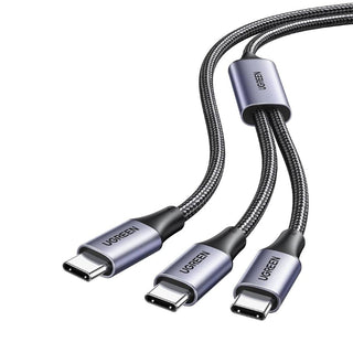 UGREEN USB-C to USB-C cable with three parallel connectors, featuring a braided black cable and metallic silver and blue-gray connector housings on a white background.
