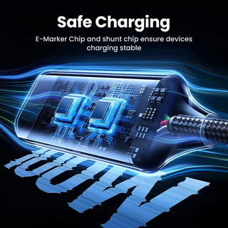 Electrical cable with electronic components and text about safe charging on a dark background