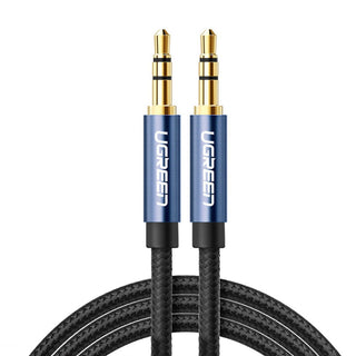 Two Ugreen audio cables with gold connectors on a white background