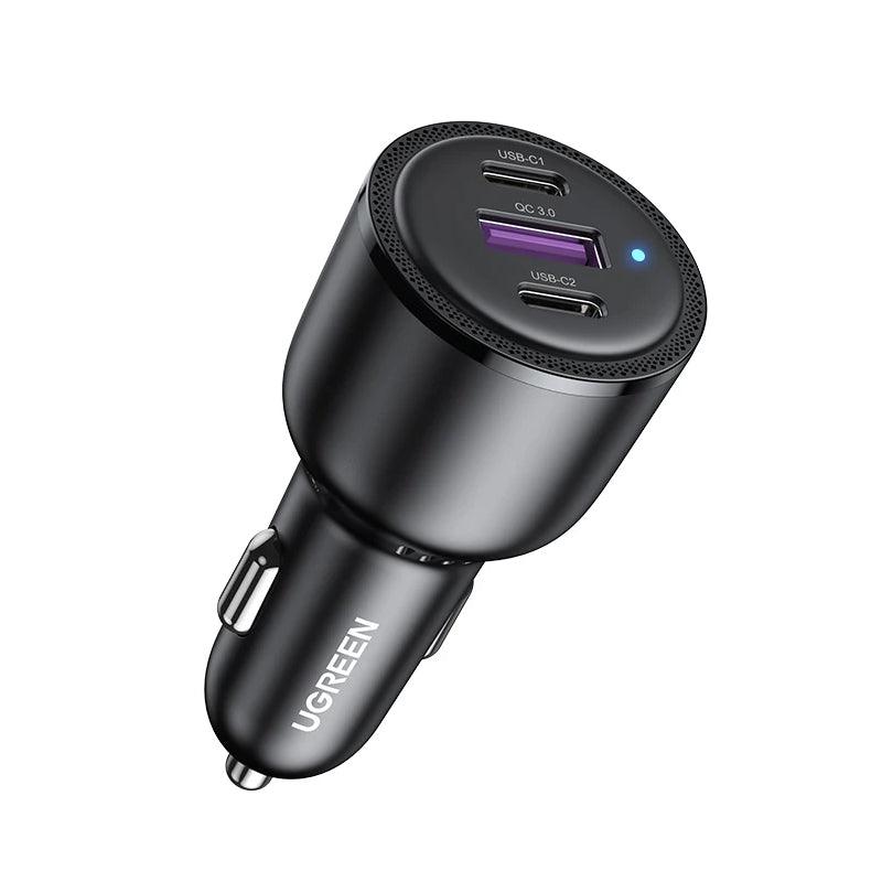 Ugreen 69W Car Charger USB C 3 Port PD QC 4.0 Fast Charging - product main black front angled view - b.savvi
