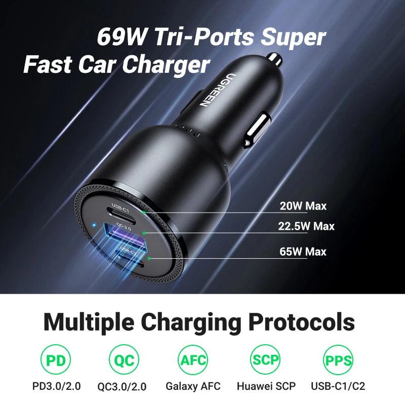 Ugreen 69W Car Charger USB C 3 Port PD QC 4.0 Fast Charging - product details tri port - b.savvi