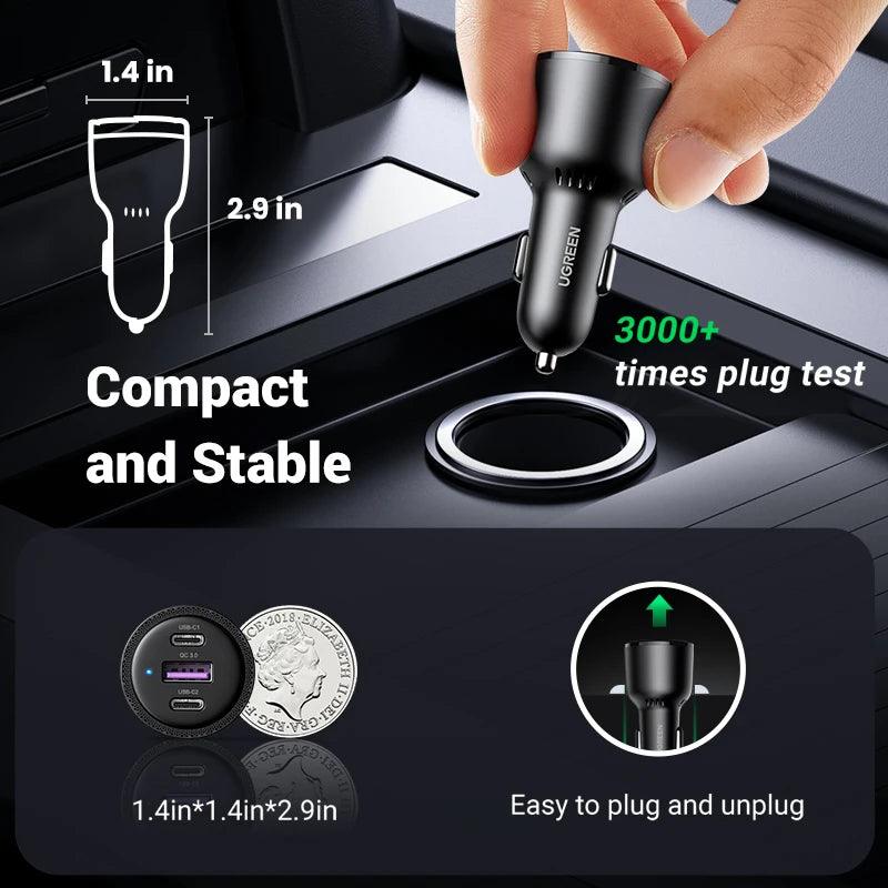 Ugreen 69W Car Charger USB C 3 Port PD QC 4.0 Fast Charging - product details compact and stable - b.savvi