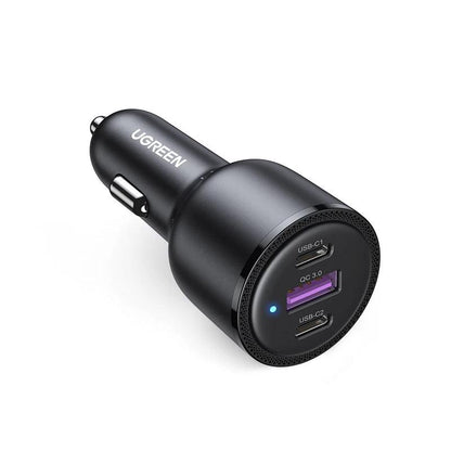 Ugreen 69W Car Charger USB C 3 Port PD QC 4.0 Fast Charging - product variant black front angled view charger only - b.savvi