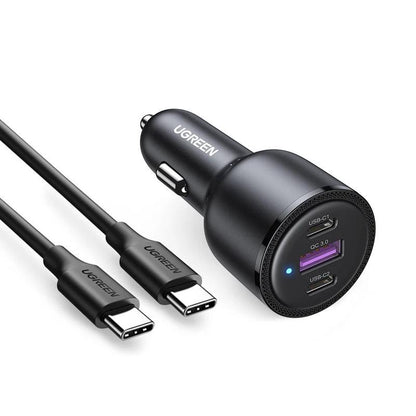 Ugreen 69W Car Charger USB C 3 Port PD QC 4.0 Fast Charging - product variant black front angled view charger and cable - b.savvi