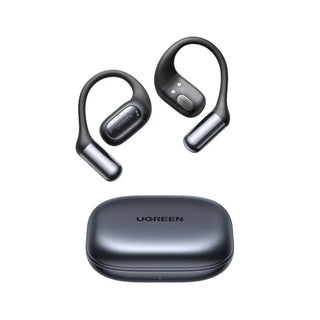 Black wireless earbuds with charging case on a white background, featuring UGREEN branding.
