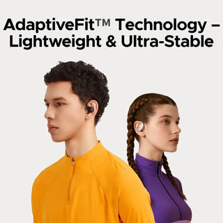 Two people wearing wireless earbuds with 'AdaptiveFit Technology' text on a light gray background