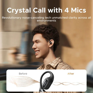 Person wearing a wireless earbud with text about crystal call technology and noise-canceling features.