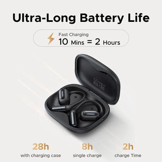 Black wireless earbuds in a charging case with charging time information on a white background