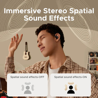 Person wearing a headset with text 'Immersive Stereo Spatial Sound Effects' and two sound effect icons.