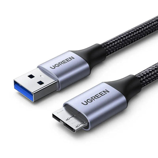 Ugreen Hard Drive Cable Braided USB 3.0 to Micro B 5Gbps 3A HDD SSD - product main grey front angled view - b.savvi