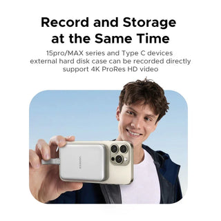 Person holding a smartphone with an external hard disk case, promotional text about recording and storage capabilities.