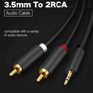 UGREEN 3.5mm to 2 RCA audio cable on a black background, showing the black cable, gold-plated connectors, and red and white ring accents with text overlays.