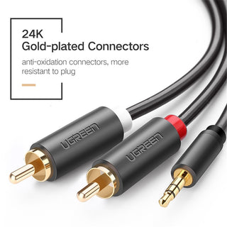 UGREEN 24K gold-plated audio adapter cable with black connectors and gold-plated tips, featuring a red ring accent and a 3.5mm plug, shown on a white background with promotional text.