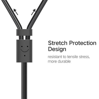 Black cable sleeve with a smiley face graphic and text reading 'Stretch Protection Design' on a white background.