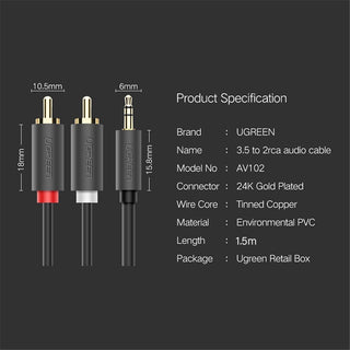 UGREEN 3.5mm to 2 RCA audio cable product graphic on a dark gray background, showing the cable, connector details, and printed product specifications including brand, model, connector type, wire core, material, length, and retail box.