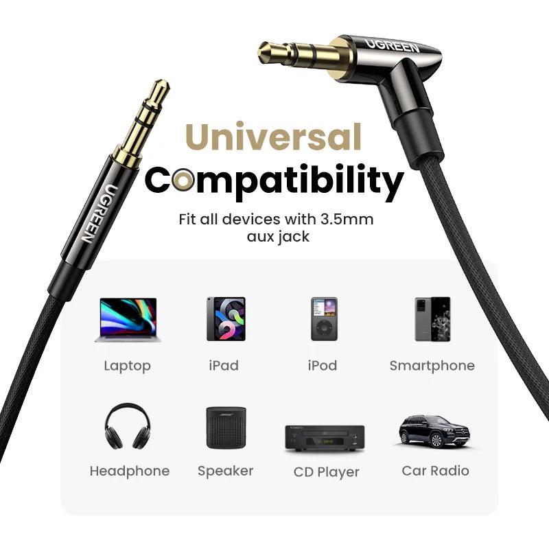 Ugreen Right Angle 3.5mm Stereo Jack Audio Aux Cable Braided Male to Male - product details universal compatibility - b.savvi