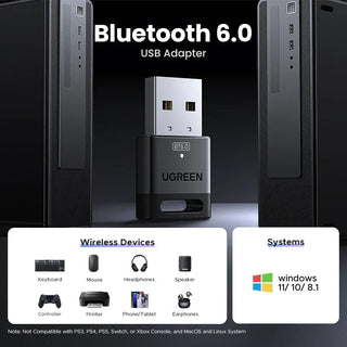 UGREEN Bluetooth 6.0 USB adapter with compatibility details on a black background