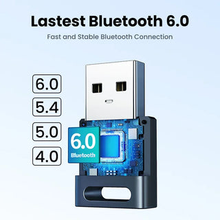 USB Bluetooth adapter with 'Latest Bluetooth 6.0' text on a light blue background