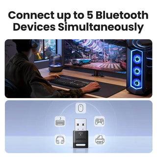 Person using a computer with text 'Connect up to 5 Bluetooth Devices Simultaneously' and a USB device illustration.