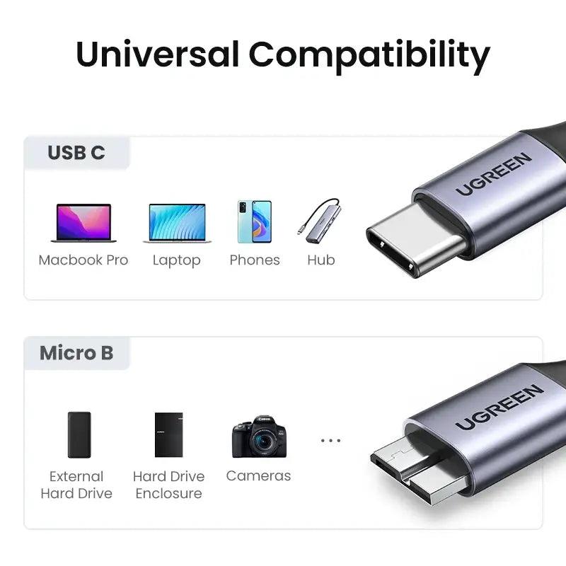 Ugreen USB C to Micro B Hard Drive Cable Braided USB 3.0 5Gbps 3A HDD SSD - product details universal compatibility - b.savvi