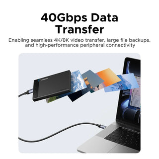 Laptop with external hard drive connected, displaying 40Gbps data transfer capabilities.