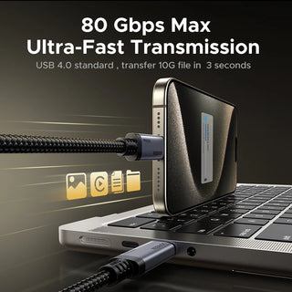 USB 4.0 cable connected to a laptop with text about ultra-fast transmission speed.