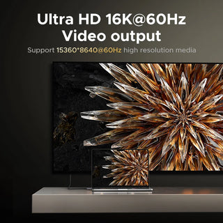 Television displaying a high-resolution image with text about Ultra HD 16K@60Hz video output.