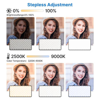 Stepless adjustment controls for brightness and color temperature on a product display.
