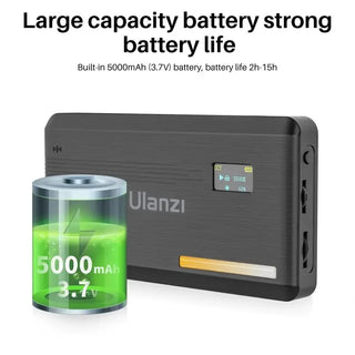 Black power bank with Ulanzi branding and battery life display, accompanied by a green 5000mAh battery icon.