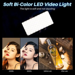 Soft Bi-Color LED Video Light with examples of light effect on a woman and product.