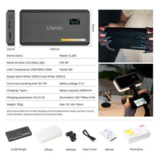 Ulanzi Bi-Color LED Video Light with specifications and accessories on a white background