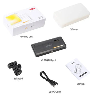 Collection of photography equipment including a VL200 fill light, diffuser, ballhead, Type-C cord, and manual on a white background.