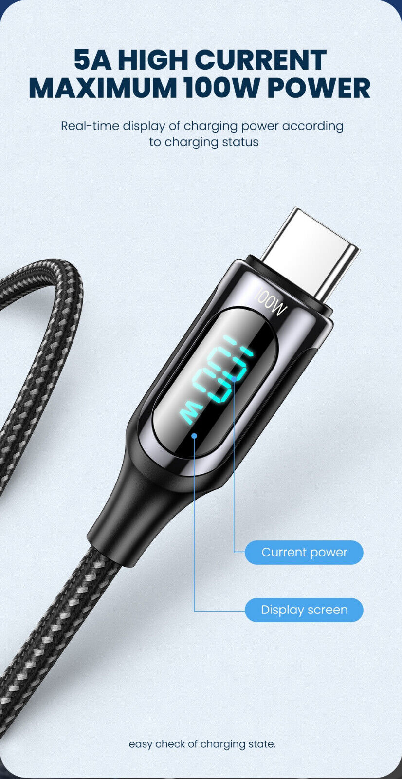 Elough LED Display USB C to USB C Cable 100W 5A PD Fast Charge