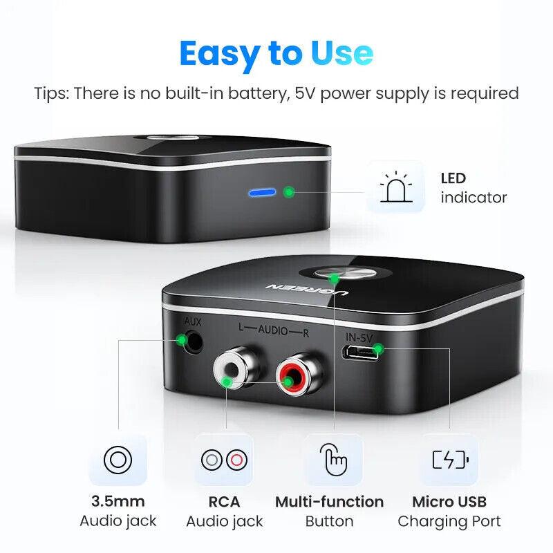 Ugreen 3.5mm RCA Bluetooth 5.1 Receiver Adapter aptX LL Wireless Music - product details easy to use - b.savvi