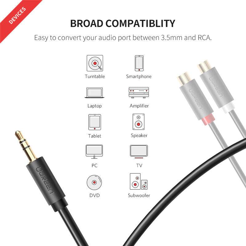 Ugreen RCA Cable 2RCA Female to 3.5mm Male Adapter Phono Stereo Audio Cable - 20cm - product details broad compatibility- b.savvi