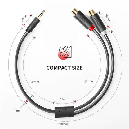 Ugreen RCA Cable 2RCA Female to 3.5mm Male Adapter Phono Stereo Audio Cable - 20cm - product details size - b.savvi