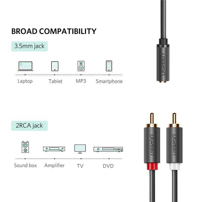 Ugreen RCA Cable 2RCA to 3.5mm Adapter Phono Stereo Audio Cable - 20cm - product details broad compatibility - b.savvi