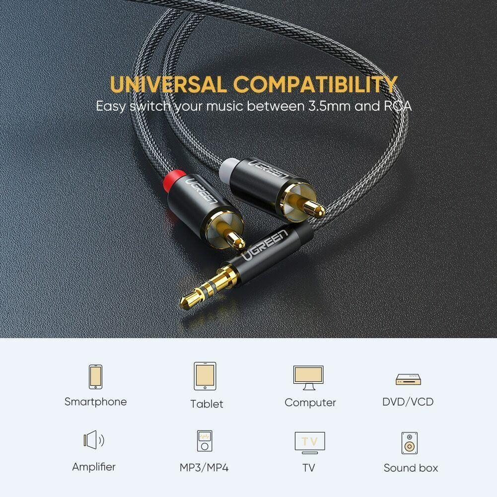 Ugreen RCA to 3.5mm Cable Braided Aux to 2RCA Phono Audio Y Splitter - product details universal compatibility - b.savvi