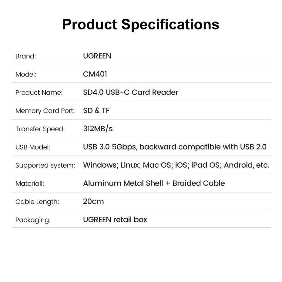 Ugreen SD Card Reader SD4.0 TF USB C Memory Card Adapter 312MB/s - product details specs - b.savvi