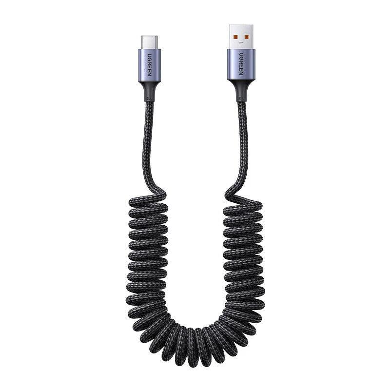 Ugreen Spring Coil USB C Fast Charger Cable 100W/66W 6A Charging 1.2m - product main black front angled view - b.savvi