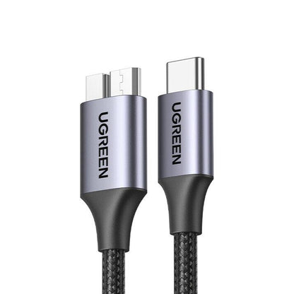 Ugreen USB C to Micro B Hard Drive Cable Braided USB 3.0 5Gbps 3A HDD SSD - product main grey front angled view - b.savvi